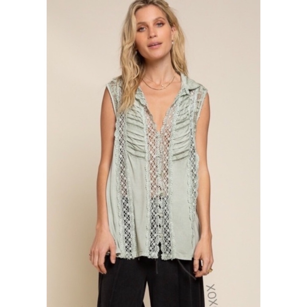POL Green Pintuck Lace Button Down Top Sleeveless Relaxed Fit - Picture 7 of 11